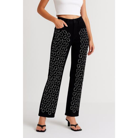 GUESS Women’s Black Rhinestone “G “Sexy High Rise Straight Fit Jeans 29x28 NEW - Picture 1 of 6